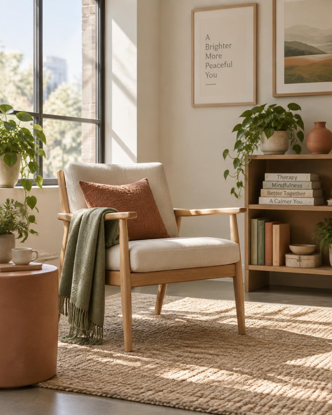 A warm, welcoming counseling office with a chair by a sunlit window