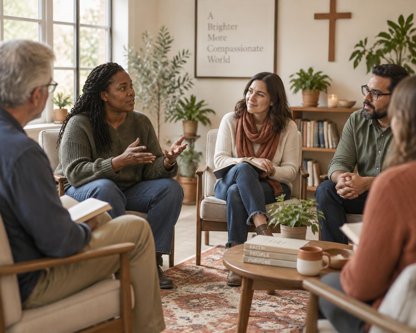 A small group in a warm, light-filled room gathered in a learning circle